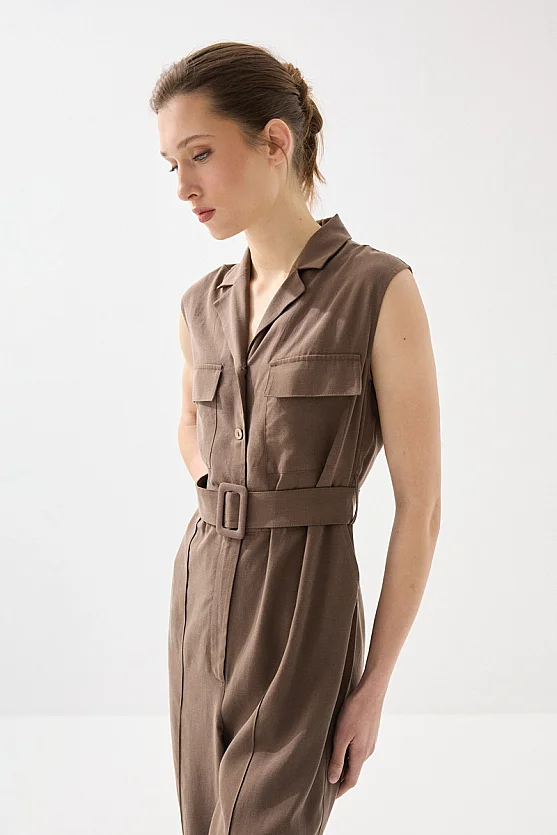 Belted Tencel Linen Jumpsuit - Brown - Gusto