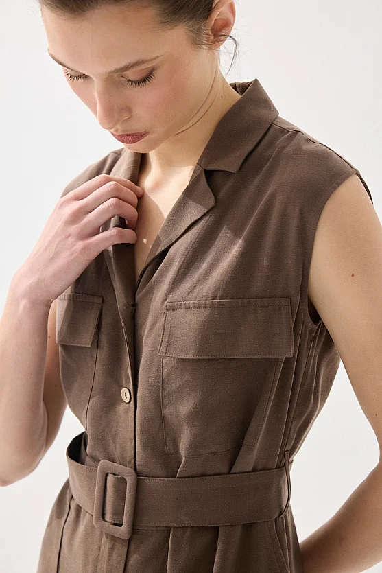 Belted Tencel Linen Jumpsuit - Brown - Gusto