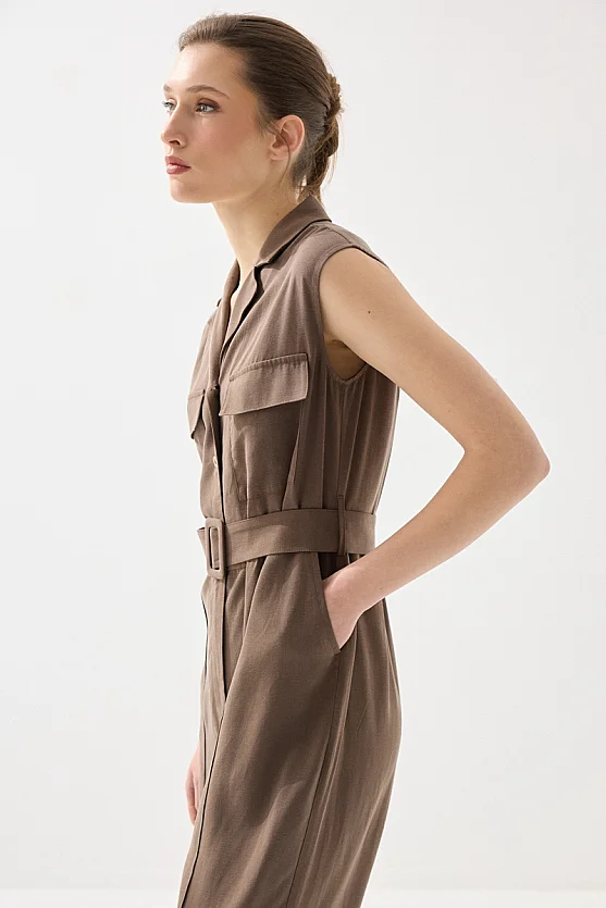 Belted Tencel Linen Jumpsuit - Brown - Gusto
