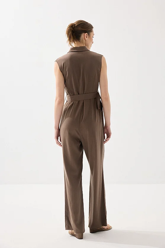 Belted Tencel Linen Jumpsuit - Brown - Gusto