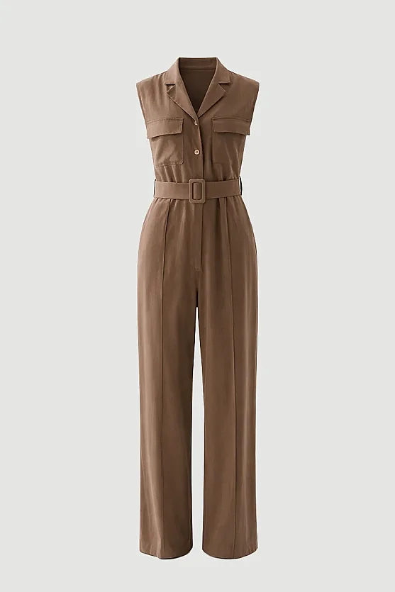Belted Tencel Linen Jumpsuit - Brown - Gusto