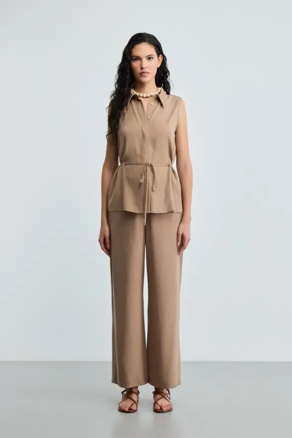 Belted Tencel Pants - Taupe - 1