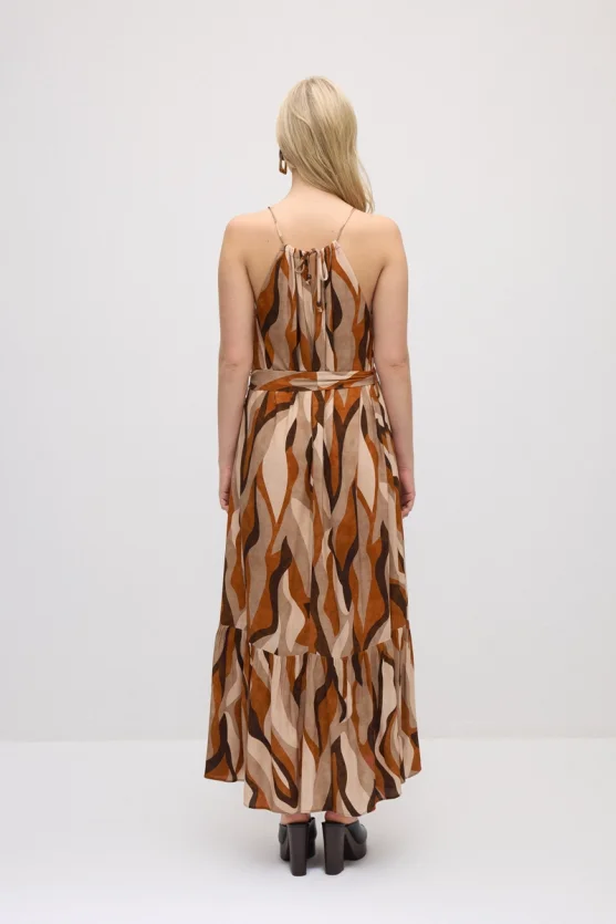 Belted Tie-Neck Patterned Long Dress - Orange - 6