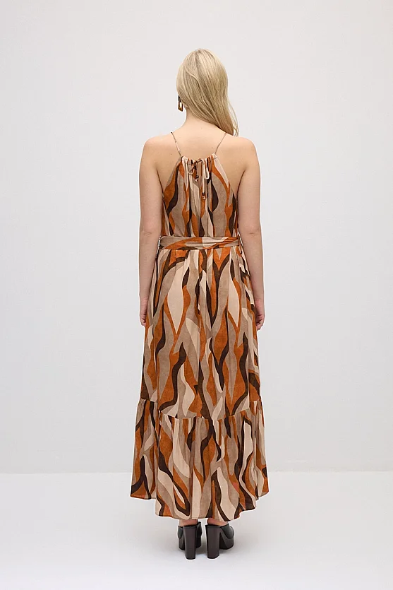 Belted Tie-Neck Patterned Long Dress - Orange - 6