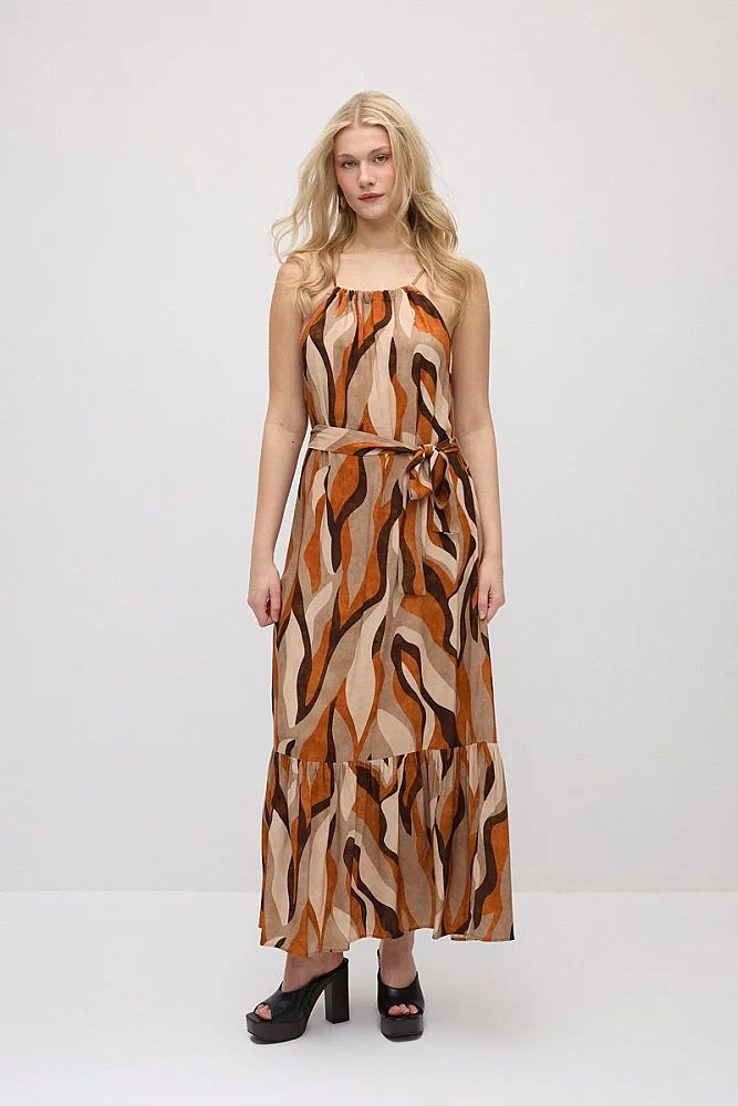 Belted Tie-Neck Patterned Long Dress - Orange Orange