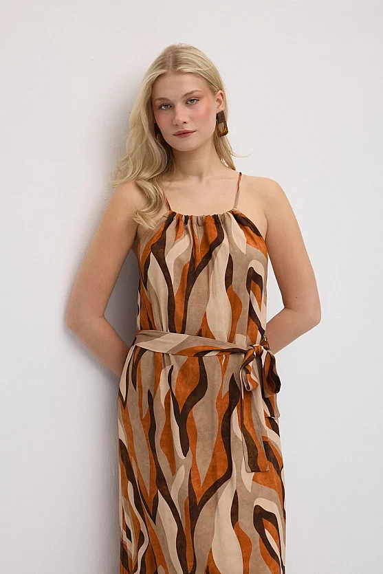 Belted Tie-Neck Patterned Long Dress - Orange - 2