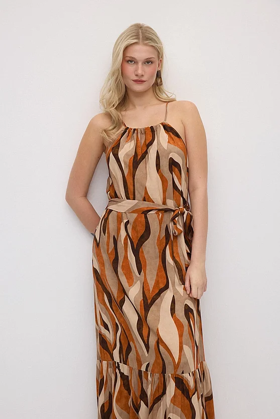 Belted Tie-Neck Patterned Long Dress - Orange - Gusto