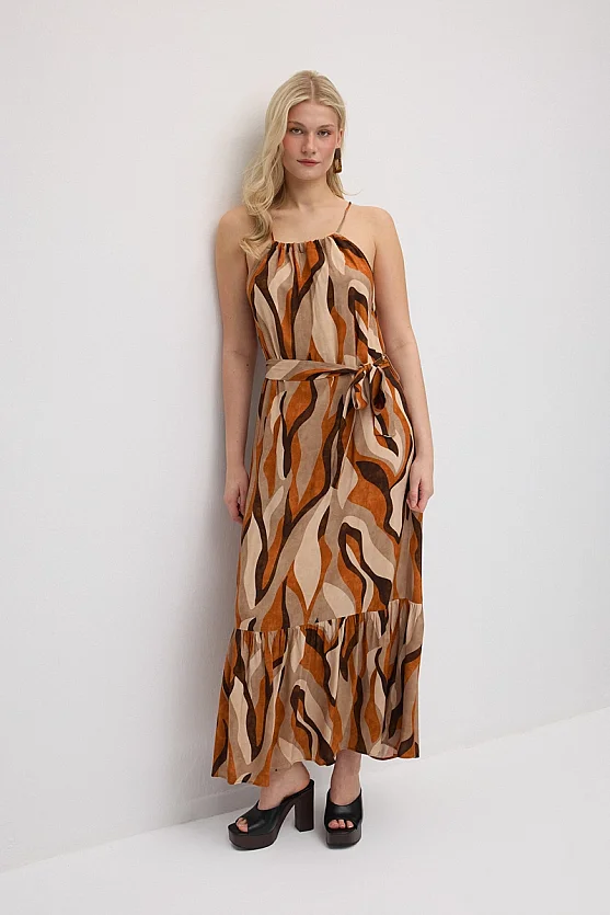 Belted Tie-Neck Patterned Long Dress - Orange - Gusto