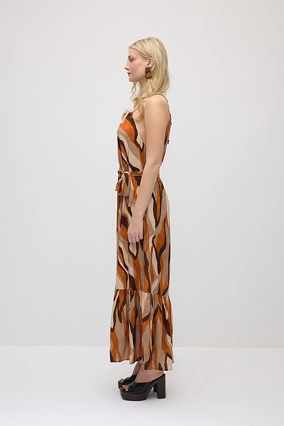 Belted Tie-Neck Patterned Long Dress - Orange - 5