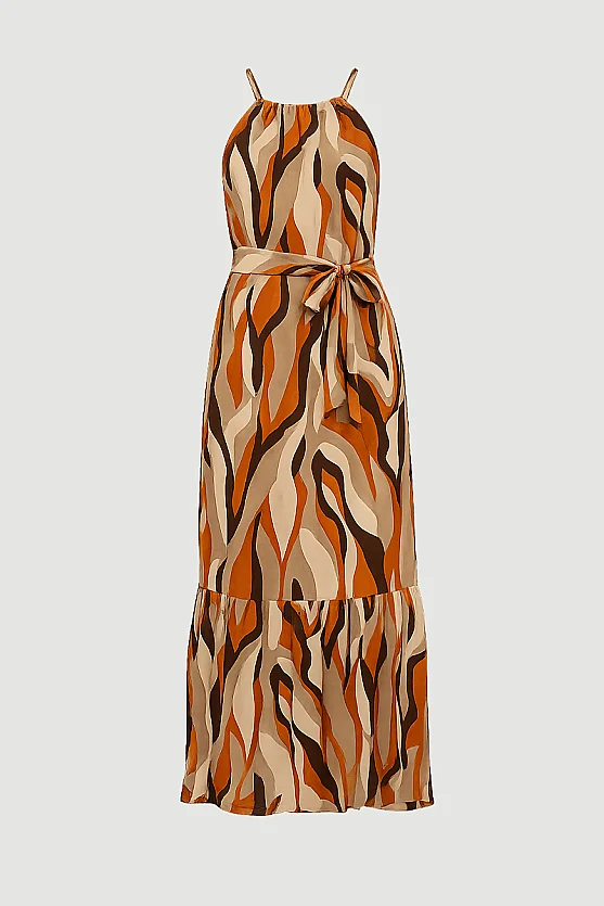 Belted Tie-Neck Patterned Long Dress - Orange - Gusto