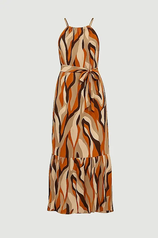 Belted Tie-Neck Patterned Long Dress - Orange - Gusto