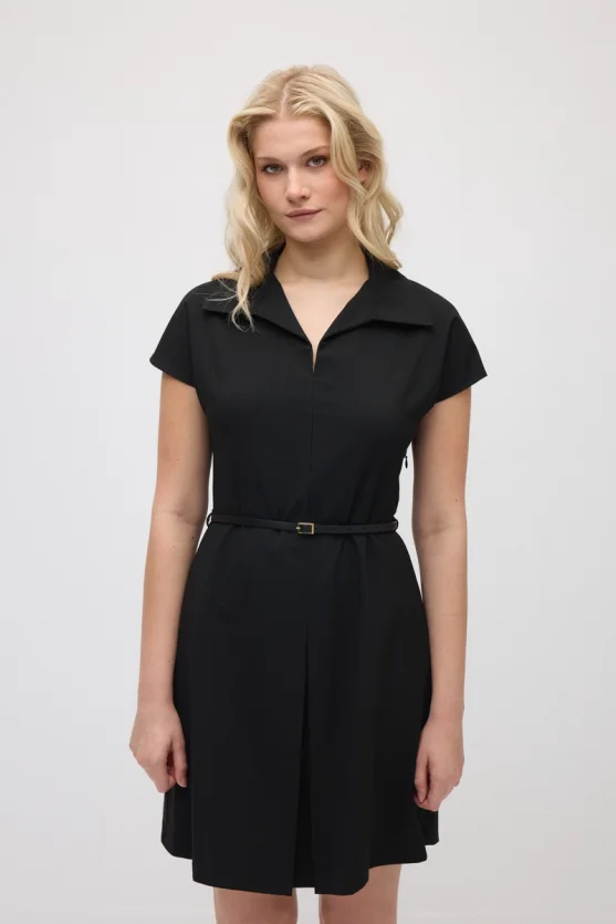 Belted Waist Low-Sleeve Dress - Black - 3
