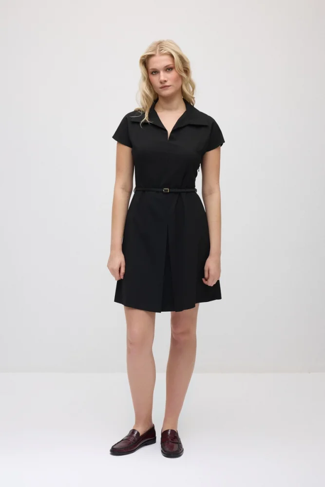 Belted Waist Low-Sleeve Dress - Black Black