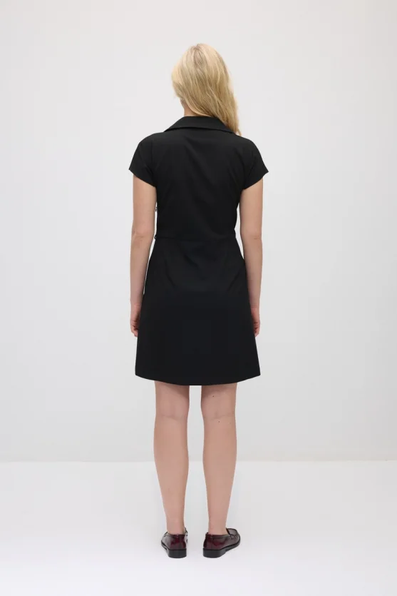 Belted Waist Low-Sleeve Dress - Black - Gusto