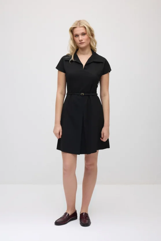 Belted Waist Low-Sleeve Dress - Black - Gusto