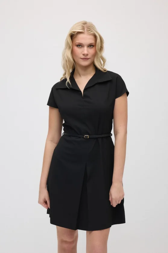 Belted Waist Low-Sleeve Dress - Black - 2