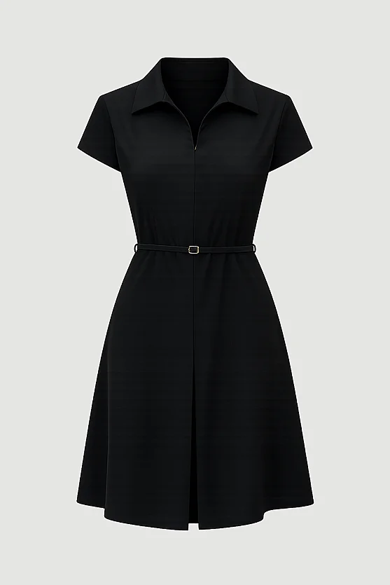 Belted Waist Low-Sleeve Dress - Black - 5