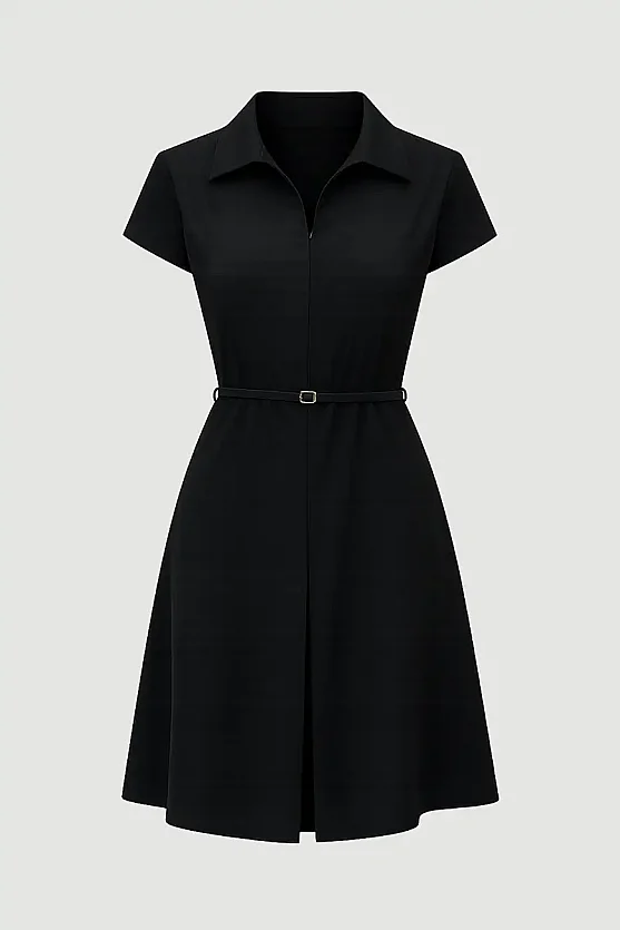Belted Waist Low-Sleeve Dress - Black - 5