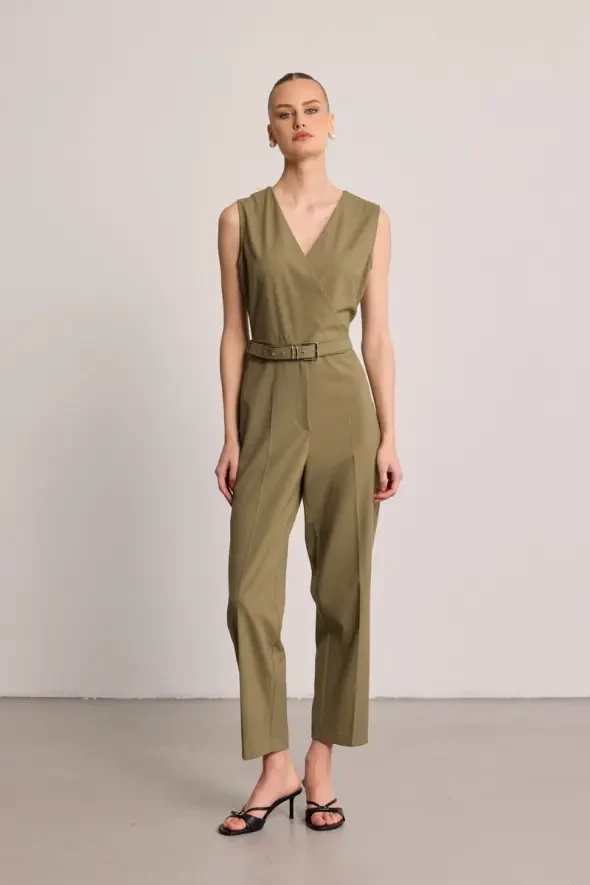 Belted Wrap Jumpsuit - Khaki - 1
