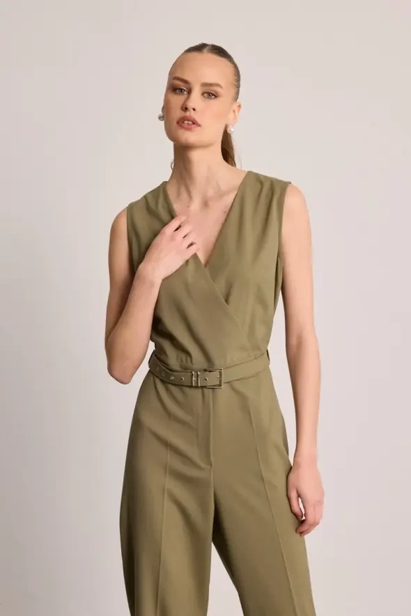 Belted Wrap Jumpsuit - Khaki - 2