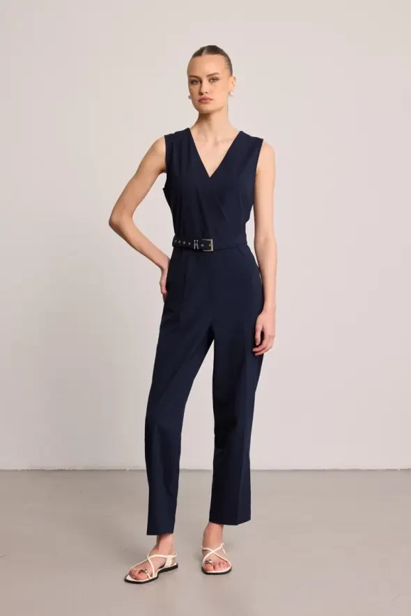 Belted Wrap Jumpsuit - Navy Blue - 1