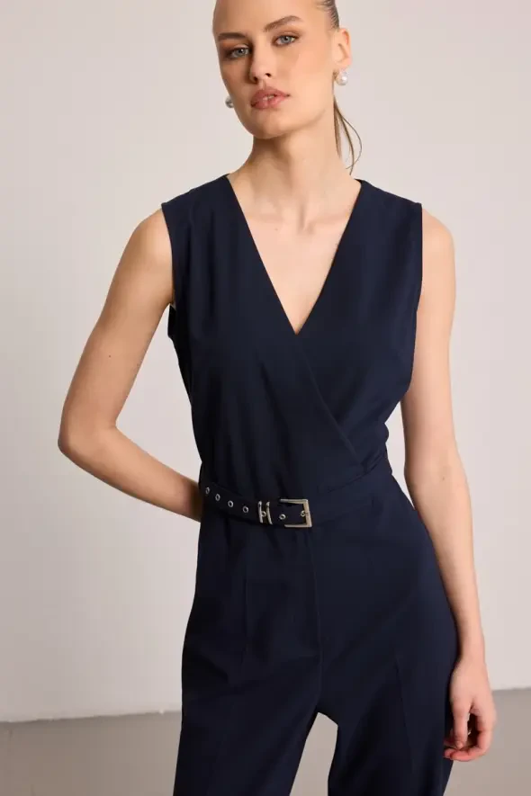 Belted Wrap Jumpsuit - Navy Blue - 2