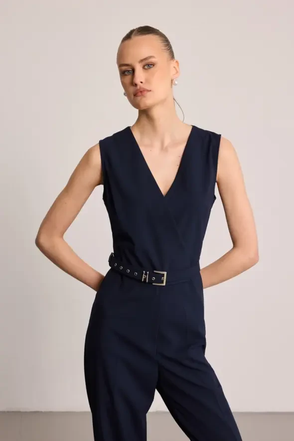 Belted Wrap Jumpsuit - Navy Blue - 3