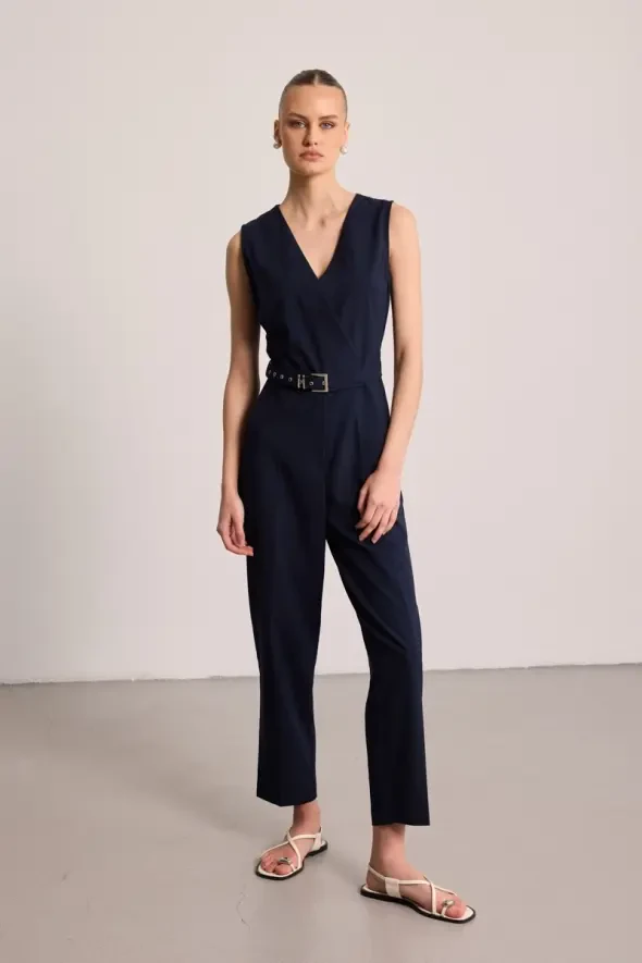 Belted Wrap Jumpsuit - Navy Blue - 4