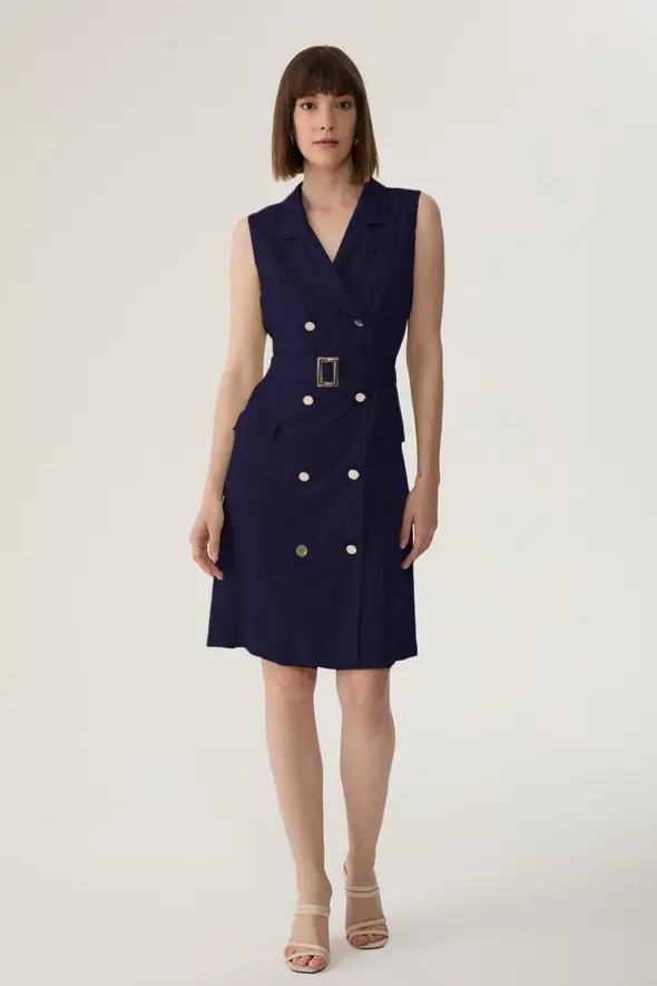 Belted Wrap Lyocell Dress - Navy - 1