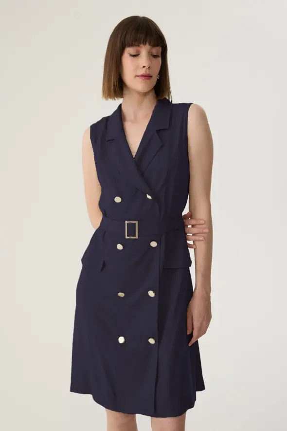 Belted Wrap Lyocell Dress - Navy - 2