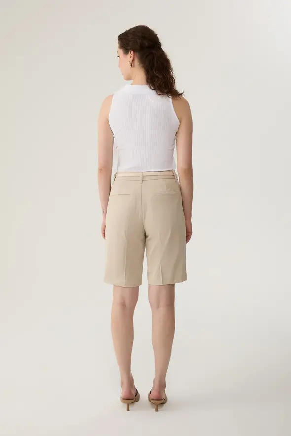 Bermuda Shorts with Leather Belted - Beige - 4