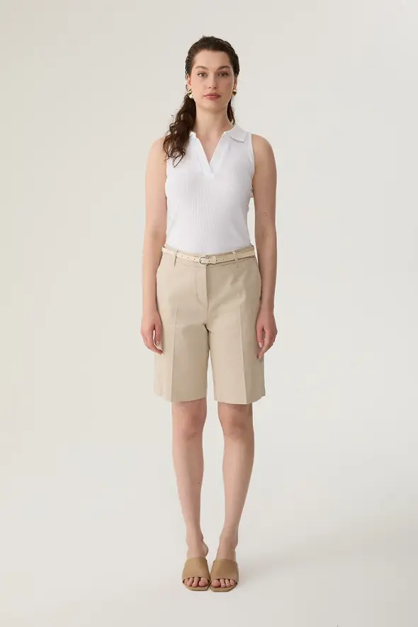 Bermuda Shorts with Leather Belted - Beige - 2