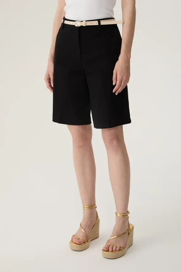 Bermuda Shorts with Leather Belted - Black - 1