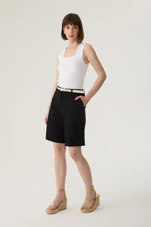 Bermuda Shorts with Leather Belted - Black - 2