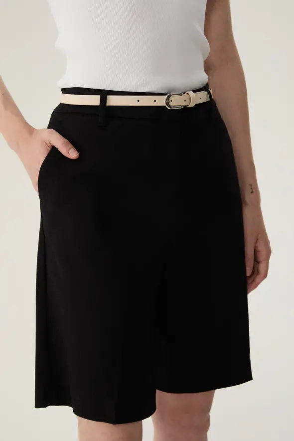 Bermuda Shorts with Leather Belted - Black - 3