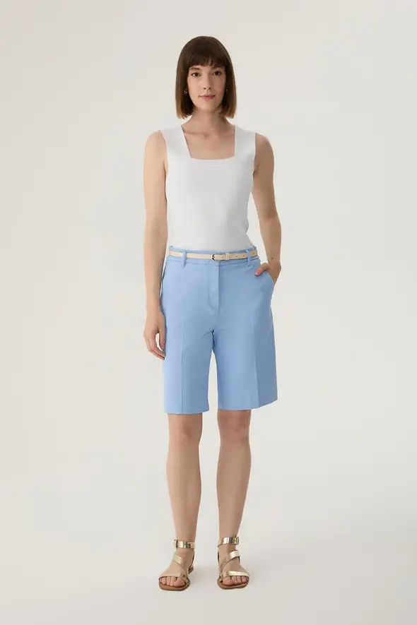 Bermuda Shorts with Leather Belted - Blue - 2