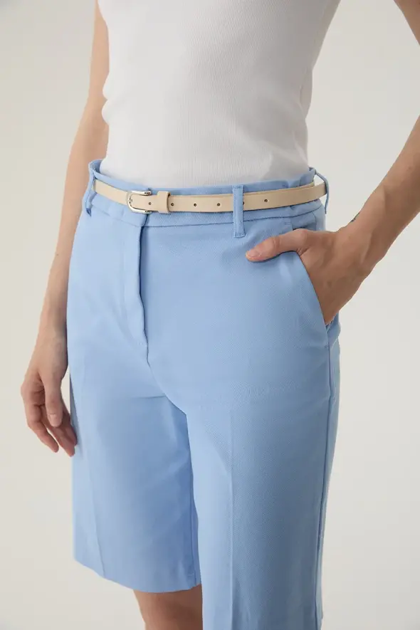 Bermuda Shorts with Leather Belted - Blue - 3