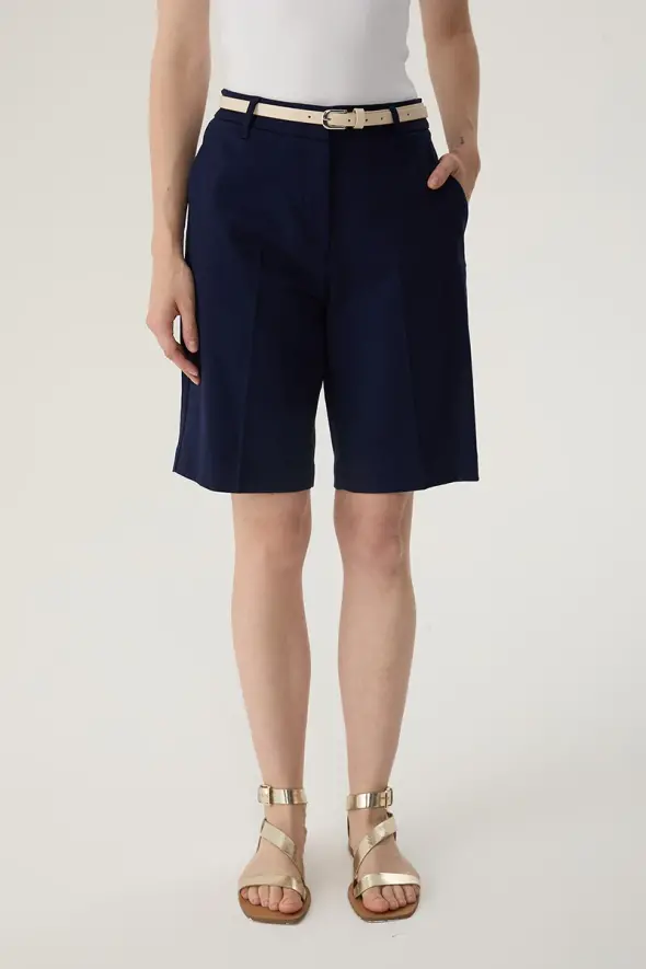 Bermuda Shorts with Leather Belted - Navy Blue - 1