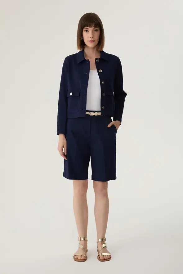 Bermuda Shorts with Leather Belted - Navy Blue - 3