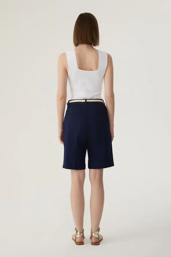 Bermuda Shorts with Leather Belted - Navy Blue - 5