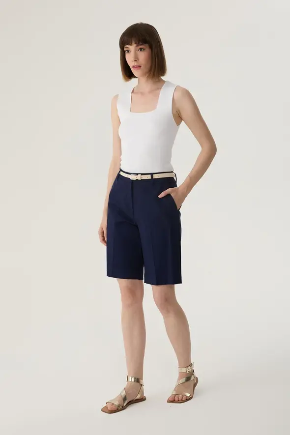 Bermuda Shorts with Leather Belted - Navy Blue - 2