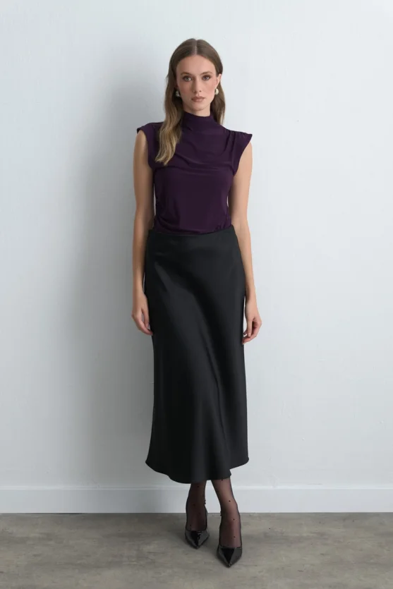 Bias Cut Long Satin Skirt - Black - 3