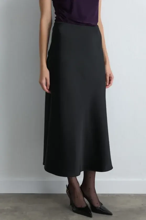 Bias Cut Long Satin Skirt - Black - 2