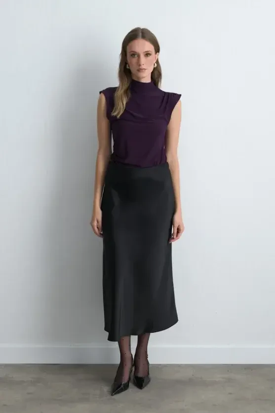 Bias Cut Long Satin Skirt - Black - Gusto