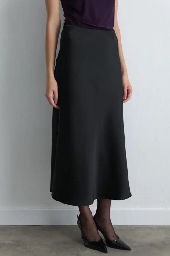 Bias Cut Long Satin Skirt Black - Gusto