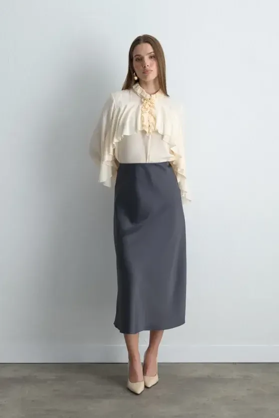 Bias Cut Long Satin Skirt - Gray - 2