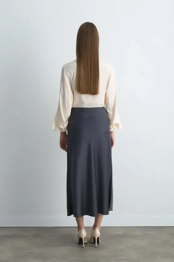 Bias Cut Long Satin Skirt - Gray - 4