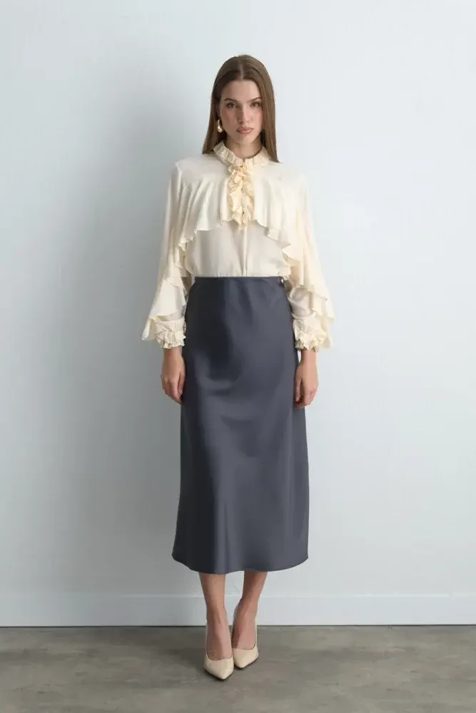 Bias Cut Long Satin Skirt - Gray - Gusto