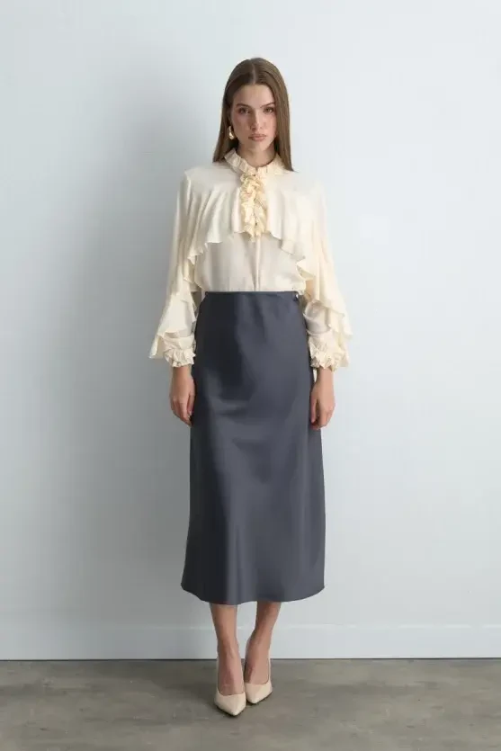 Bias Cut Long Satin Skirt - Gray - Gusto