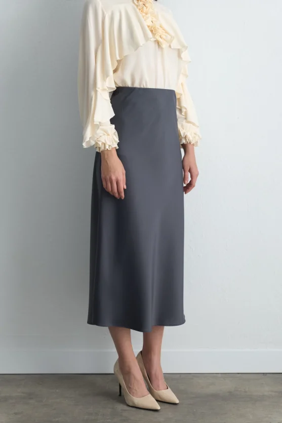 Bias Cut Long Satin Skirt Gray - Gusto